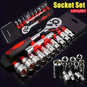 TEMU 12pcs 래칫 렌치 세트, 크롬 플레이트 스틸 1/4 1/2 인치 듀얼 디렉션 렌치 자동차 수리 도구, 소켓 렌치 세트