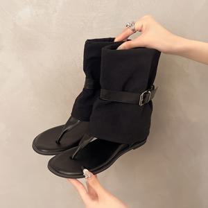 TEMU 여성용 스타일리시한 블랙 & 베이지 앵클 부츠 - 편안한, 통기성이 좋은 가죽 상단, 부드러운 고무 밑창, 캐주얼 및 야외 착용을 위한 오픈 토 디자인, 캐주얼 신발 | 앵클 부츠 | 가죽 상단 부츠|여성샌들|통굽샌들
