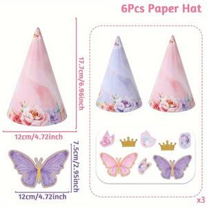 TEMU 6개 핑크 & 퍼플 나비 생일 모자, 골든 크라운 악센트 - 어린이 축하, 어린이 샤워 & 첫 생일 장식용 일회용 종이 파티 모자, 생일 파티 장식