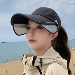 TEMU 1개 여성용 경량 통기성 베이스볼 캡 - 조절 가능한 와이드 브림, 접이식 디자인 봄/여름용, 소프트 핑크 & 화이트, 캐주얼 아웃도어 비치 모자, 접이식 썬햇, 여름 액세서리, 스포티한 스타일, 건설적인, 여름 여행자