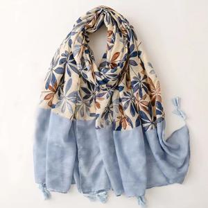 TEMU 리프 프린트 베이지 스카프 컬러 블록 블루 타셀 샤울, 31.50'×70.87' 여성 헤드 랩 터번 야외 여행 방풍 히잡