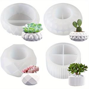 TEMU 식물 화분을 만들기 위한 4개 실리콘 몰드, DIY 공예 기하학적 주조 수지 몰드, 콘크리트용 에폭시 수지 화분 몰드, 석고, 수제 시멘트 포트 몰드, 가정 장식용 미술 용품