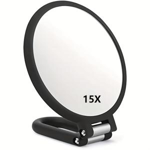 TEMU 360° 조절 가능한 손잡이가 있는 컴팩트 1X & 15X 확대 핸드헬드 미러 - 양면, 접이식 디자인으로 여행 및 욕실 사용에 적합 - 눈썹 다듬기, 메이크업 적용에 이상적 - 배터리 필요 없음, 슬림한 블랙 프레임