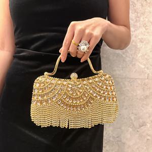TEMU 우아한 금색 금속 저녁 클러치, 프린지 디테일, 자석 잠금, 안감 없음, 단색 - 여성용 스타일리시한 기회 핸드백, 저녁 이벤트 액세서리 | 라인스톤 장식 클러치 | 금속 피니시