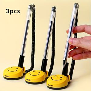 TEMU 3개 세트 즐거운 얼굴 데스크 젤 펜 - 블랙 0.5mm 불릿 팁, 안전한 사용을 위한 접착 베이스, 서비스 카운터 및 학생용 귀여운 스마일 디자인, 서명용 젤 펜 | 귀여운 펜 디자인 | 접착 베이스 펜