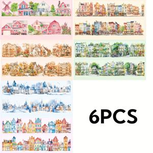 TEMU 6pcs 소도시 테마 PET 테이프 세트 조합 북유럽 소도시 시리즈 - 일기와 수공예용 장식 풍경 디자인, 다양한 장면 휴대 전화 케이스 물 컵 스티커, 사진 앨범 일기 장식 노트 액세서리, 쓰레기 일기 스티커 아트 및 수공예 장식 스티커, 스케치북 용품, 크리스마스 선물|다이어리|일기장