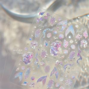 TEMU 5D 고급 해녀 드림 네일 스티커 - 바다 스타일, 자체 접착 해조류, 바다 달팽이, 해녀, 물고기 꼬리 패턴, 진주, 일회용 DIY 네일 데칼, 여성용 네일 장식에 적합