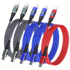 TEMU USB C to C 케이블, 5개 세트 LED 디스플레이 포함 나일론 브레이드 타입 C PD 100W 실시간 고속 충전 코드 아이폰 15, 아이패드 에어 프로, 맥북 프로, 갤럭시 S24/S23/S22 호환 모든 타입-C 기기용 블랙 레드 그린 블루 네 가지 색상