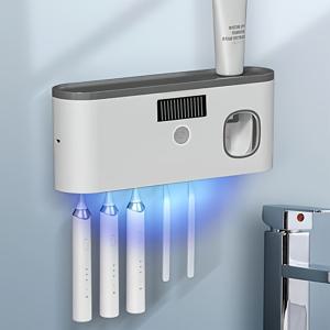TEMU 심플 스마트 칫솔 거치대, 자동 치약 디스펜서 - 벽걸이형, 5단 수납공간, USB 충전식 배터리, 모던 욕실 정리함 & 홈 데코, 세련된 칫솔 보관함 | 내구성 플라스틱 소재, 스타일리시 칫솔 홀더