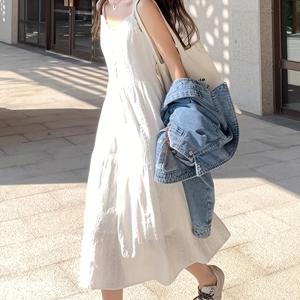 TEMU 여성용 우아한 화이트 슬리브리스 맥시 드레스 - 프랑스 영감의 레이스 디테일, 하이-로우 헴, 해변 휴가 및 여름 외출에 완벽, 해변 드레스|나시원피스|민소매원피스|가을원피스