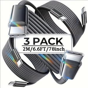 TEMU 3개 세트 블랙 USB C to USB C 고속 충전 케이블 (3ft/6ft/10ft) 240W, 아이폰 16/15, 갤럭시 S25 울트라/플러스/S24/S23, 아이패드 프로 13/12.9인치, 아이패드 에어용 데이터 케이블