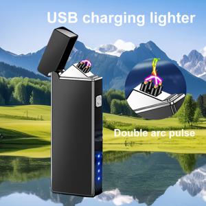TEMU 1개/메탈 듀얼 아크 라이터, USB Type-C 충전식 전자 점화기 배터리 표시등 포함, 무염 플라즈마 라이터, 조명용, 블랙, 박스 포함