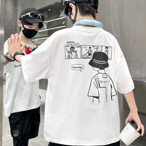 TEMU 2025 남아용 루즈핏 그래픽 티셔츠 - 화이트 기하학 프린트 반팔 여름 상의, 통기성 라운드넥 캐주얼 셔츠, 세탁기 사용 가능, 트위닌 소년 의류, 유쾌한 어린이 패션, 내구성 있는 아동복, 일상적인 아이 옷, 부드러운 키즈웨어, 활동적인 어린이