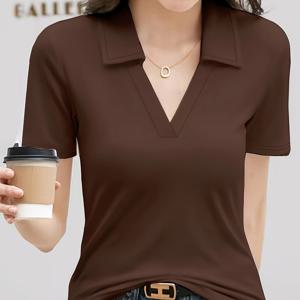 TEMU 여성용 우아한 캐주얼 티셔츠, 단색 폴리에스테르 니트 소재, 95% 폴리에스테르 5% 엘라스탄, V넥 라펠 칼라, 정상 길이, 여름 시즌, 180g/m² - 축제 컬렉션