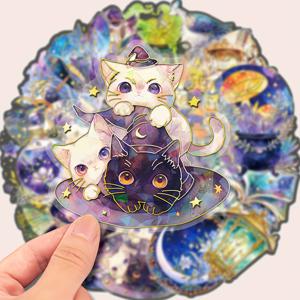TEMU 30pcs PET 금속 표면 레이저 데칼 매직 고양이 올리브 Fantasy 투명 스티커 DIY 장식 휴대 전화 노트북 케이스 스티커