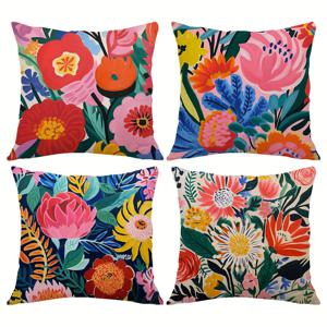 TEMU 4pcs 45x45cm 꽃 펜 터치 복숭아 가죽 베개 4 피스 자동차 쿠션 커버 거실 소파 침실 베개 머리맡 등받이 베개 커버 내부 코어가없는 홈 인테리어 베개 양면 인쇄
