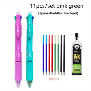 TEMU 창의적인 5in 1 지울 수 있는 젤 펜, 4가지 색상의 0.7mm 리필과 1개의 0.5mm 자동 연필심이 있는 다색 볼펜, 사무용 필기구(펜 2개+리필 8개+연필심 1박스)