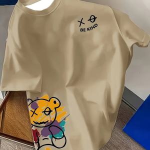 TEMU 남성용 캐주얼 반팔 티셔츠 - 폴리에스터 100%, 약간의 신축성, 귀여운 곰 그래픽 프린트, 연한 파란색 라운드 넥 여름용 티, 일상 및 야외 활동용