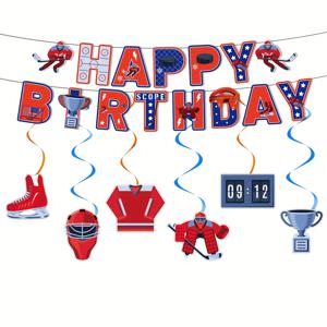 TEMU 7피스 아이스 하키 테마 생일 파티 장식 세트 - 컬러풀 해피 버스데이 배너 & 스월 행잉, 어린이 축하 및 방 장식, 스포츠 파티 소품, 홈 데코