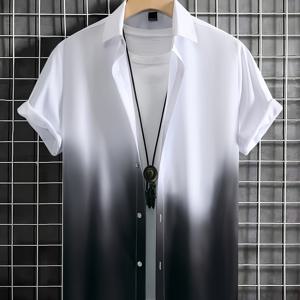 TEMU 남성 캐주얼 오므레 반팔 셔츠 - 흰색에서 검은색 그라데이션, 칼라가 있는 버튼업, 여름을 위한 완벽한 캐주얼 의상|오므레 효과 셔츠|반팔 셔츠