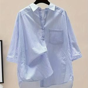 TEMU 여성용 릴랙스핏 캐주얼 셔츠 - 3/4 소매 칼라와 버튼 프론트, 연한 파란색 여름 상의, 세탁기 사용 가능, 여성 티셔츠, 부드러운 원단 블라우스
