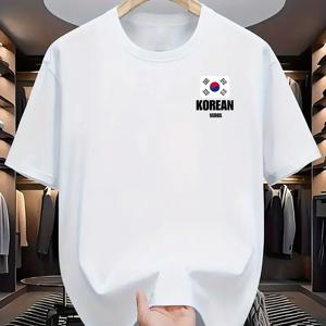 TEMU 남성용 한국 국기 문자 프린트 티셔츠 - 연한 파란색 크루넥 캐주얼 반팔, 여름에 편안하고 통기성이 좋음, 세탁기 사용 가능, 일반 핏의 캐주얼 의상|태극기