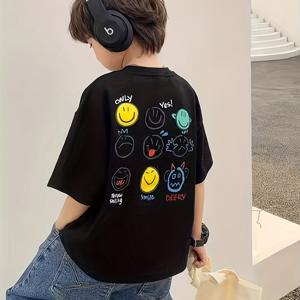 TEMU 2025년 여름 어린이 티셔츠 - 캐주얼 루즈핏, 라운드 넥, 반팔, 컬러풀한 만화 프린트, 남아용 힙합 스타일, 티셔츠