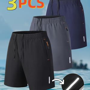 TEMU 3pcs 남성 반사 운동 반바지 - 통기성 탄성 허리띠, 포켓 및 조절 가능한 끈, 해변, 체육관, 야외 활동용 경량 (검정색, 해군색, 다크 그레이), 해변복, 캐주얼 스포츠 의류, 트렌디 스포츠 의류, 통기성 소재