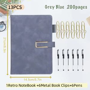 TEMU 13피스 세트 - 빈티지 A5 노트북 1개 + 금속 클립 6개 + 펜 6개, 200페이지 멀티컬러 소프트커버 다이어리. 사무실용, 회의 기록, 대학생 생활에 적합하며 졸업생 또는 어버이날 선물로도 완벽