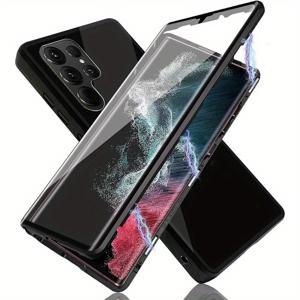 TEMU 삼성 갤럭시 S25 울트라, S25+, S25, S24 울트라, S24 FE, S24, S24+, S23 울트라, S23 FE, S23+, S23, S22 울트라, S21 울트라용 마그네틱 블랙 메탈 프레임이 있는 양면 강화 유리 폰 케이스, 렌즈 보호 없음.