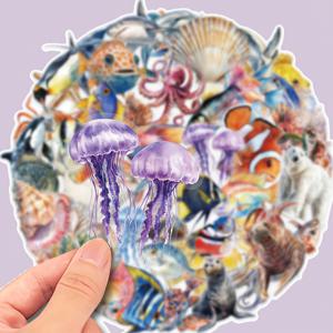 TEMU 50개 재사용 가능한 투명 해양 생물 스티커 - 화려한 해파리, 문어, 물고기 & 산호 DIY 데칼, 휴대폰, 노트북, 기타, 스케이트보드, 짐가방용 - 해양 생물 아트, 자체 접착식, 잔여물 없음, 오션 스티커, 창의적인 장식, 수중 풍경, 내구성 있는 스티커
