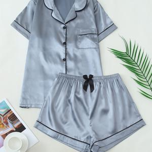 TEMU 폴리에스터 청소년 반팔 파자마 세트, 단색 캐주얼 라펠 칼라, 스트레치되지 않는 원단, 모든 계절 착용, 청소년 라운지웨어