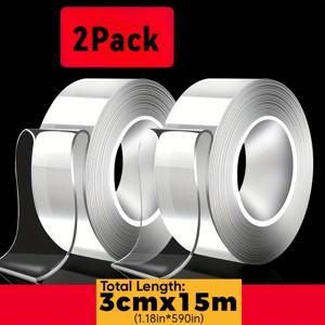 TEMU 2pcs 3cm x 15m Nanoface 양면 테이프 - 재사용 가능한 및 세척 가능한 실리콘 접착제 - 유리, 플라스틱, 나무, 금속 및 더 많은 곳에 강력한 붙임력, 주방 접착 테이프 | 투명 접착 테이프 | 재사용 가능한 접착제
