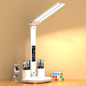 TEMU 1pc LED 듀얼 헤드 접이식 터치 데스크 램프, 캘린더 및 시계, USB 전원, 조절 가능한 밝기, 펜 홀더, 침실, 가정 및 사무실 사용에 이상적, 흰색 플라스틱 디자인, USB 전원 램프 | 현대적인 데스크 램프 | 터치 제어 조명