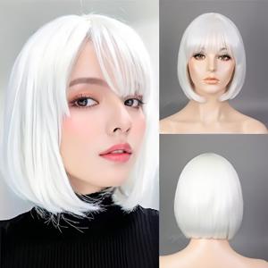 TEMU 달콤하고 귀여운 화이트 보보 스타일 짧은 학생용 가발 - 할로윈 코스튬, 코스프레, 테마 파티용 풀 헤드 합성 머리 - 편안한 착용감의 헤어 액세서리, 의상용 헤어피스