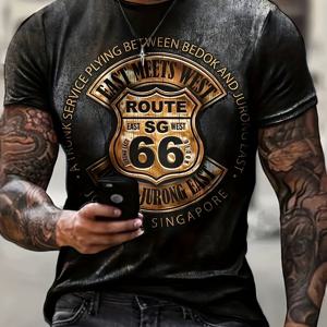 TEMU 남성용 레트로 라우트 66 그래픽 티셔츠 - 블랙 캐주얼 반팔 티셔츠, 골든 레터링, 여름 야외 스트리트웨어, 라운드 넥, 레귤러 핏, 스트리트웨어 패션 | 빈티지 스타일 셔츠 | 내구성 있는 원단