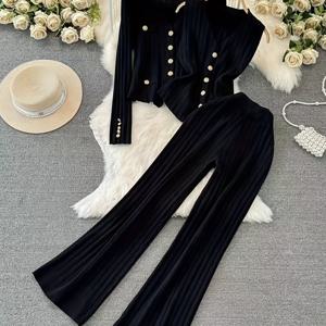TEMU 3pcs 우아한 여성 의상 세트, 폴리에스테르 니트 V넥 단색 버튼 디테일, 캐주얼 시크 올 시즌 앙상블