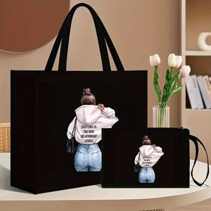 TEMU 2pcs 가방 세트, 패션 스타일, 기하학적 패턴, 블랙 컬러, 패브릭 소재, 대용량, 접이식, 고정 숄더 스트랩, 자석 잠금, 폴리에스터 안감, 랜덤 프린팅, 가장자리 페인트 없음, 배경 패턴, 동전 지갑 및 쇼핑백
