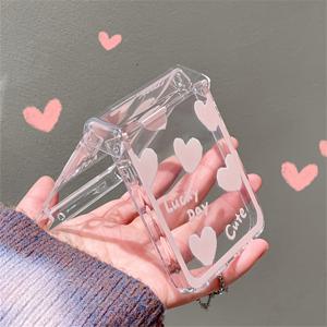 TEMU INS 귀여운 핑크 러브 하트 접이식 투명 폰 케이스 삼성 갤럭시 Z 플립6 플립5 플립4 플립3용 한국어 사랑스러운 PC 하드 보호 백 커버|폰케이스