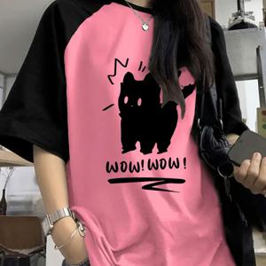 TEMU 여성용 컬러 블록 라글란 슬리브 만화 프린트 반팔 티셔츠, 패션과 트렌디한 여름 룩을 위한 디자인, 여유롭고 멋진 상의.