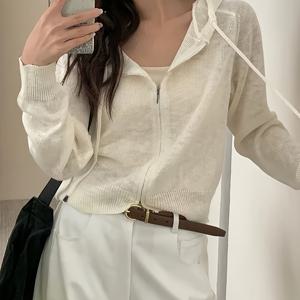 TEMU 여성용 가벼운 후드 카디건 - 캐주얼 숏 슬리브 오픈 프론트 디자인, 조절 가능한 드로스트링, 세탁기 사용 가능 봄/여름 커버업, 솔리드 컬러 레귤러 핏 레이어링 스웨터, 일상 편안한 착용감, 패션 릴랙스핏 니트웨어|가디건|반팔니트|반팔