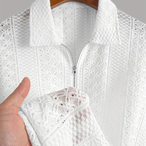 TEMU 남성용 경량 통기성 자카드 니트 셔츠 - 여름용 반팔 캐주얼 웨어, 흰색과 검은색 기하학적 패턴, 따뜻한 날씨용 일반핏, 일상적인 편안함, 우아한 캐주얼 웨어, 지퍼 잠금