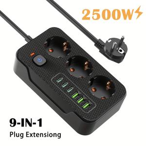 TEMU 2025년 새로운 9-in-1 전원 스트립/정렬 플러그/충전기/멀티 포트 USB 충전 /가정, 사무실, 기숙사에 적합 - 220V-240V, 경량 디자인, 여행용 충전기에 적합