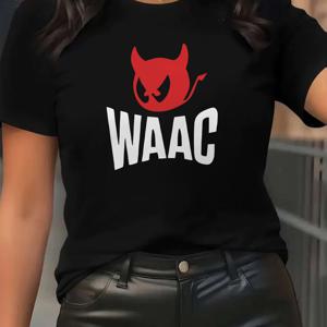 TEMU 여성 WAAC 그래픽 티셔츠 - 신축성, 통기성, 크루 넥, 반팔 티셔츠, 슬림핏 캐주얼 여름 상의, 대담한 빨간 악마 로고, 블랙, 캐주얼 웨어 | 세련된 모양 | 신축성 있는 원단