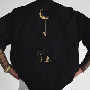 TEMU 남성용 반팔 티셔츠, 100% 폴리에스터 소재, 루즈핏, 달과 캐릭터 프린트 패턴, 스타일리시한 라운드넥 캐주얼 상의, 봄/여름 야외 활동에 적합, 11가지 축제 행사용|반팔티|남자셔츠|반팔티셔츠
