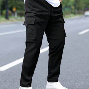 TEMU 남성 캐주얼 카고 조거 1개, 단색 끈 조절 허리 바지, 다중 포켓, 폴리에스테르 비늘 스트레치 원단, 봄/가을용 레귤러 핏 - 베이직 스타일
