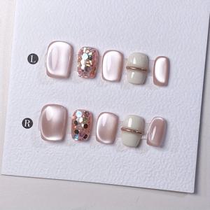 TEMU 10pcs 핸드메이드 스퀘어 짧은 네일 폼 세트, 핑크 글로우 핏, 글리터 및 캣 아이 액센트, 접착 탭 포함