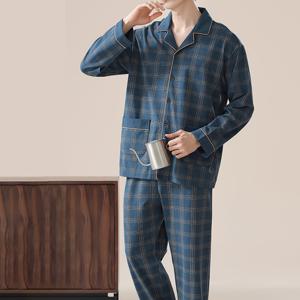 TEMU 남성용 2pcs 럭셔리 체크 파자마 세트 - 해군 파란색 & 흰색, 포켓이 있는 캐주얼 홈웨어, 폴리에스터 블렌드, 모든 계절의 편안함, 캐주얼 홈웨어 | 체크 패턴 파자마 | 폴리에스터 블렌드 파자마