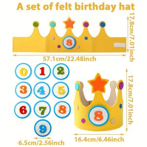 TEMU 1세트, 노란색 펠트 크라운 생일 모자, 교체 가능한 숫자 0-9 포함, 조절 가능한 펠트 생일 왕관, 생일 파티 장식용 펠트 생일 모자, 모자, 해피 버스데이 장식