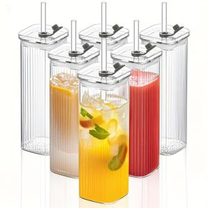 TEMU 6개 세트 17온스/500ml 대형 유리컵, 뚜껑 및 빨대 포함 사각 유리잔 - 아이스 커피/주스/루스터테일용 리브드 투명 드링킹 글라스, 재사용 가능한 빨대와 누수 방지 뚜껑이 있는 모던 텀블러, 음료 용기 세트